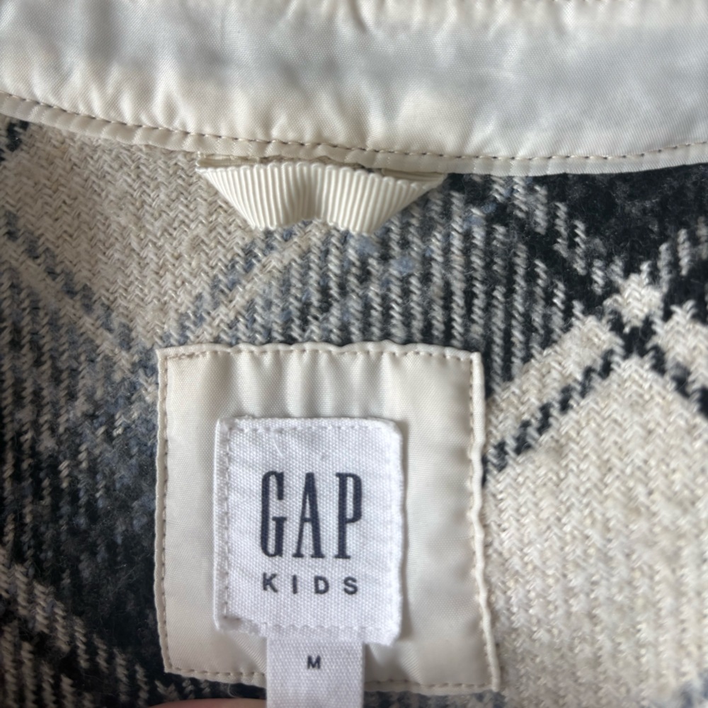 Gap Kids Plaid Shirt Jacket Black Cream Button Front Size M 8-9 - Picture 6 of 9